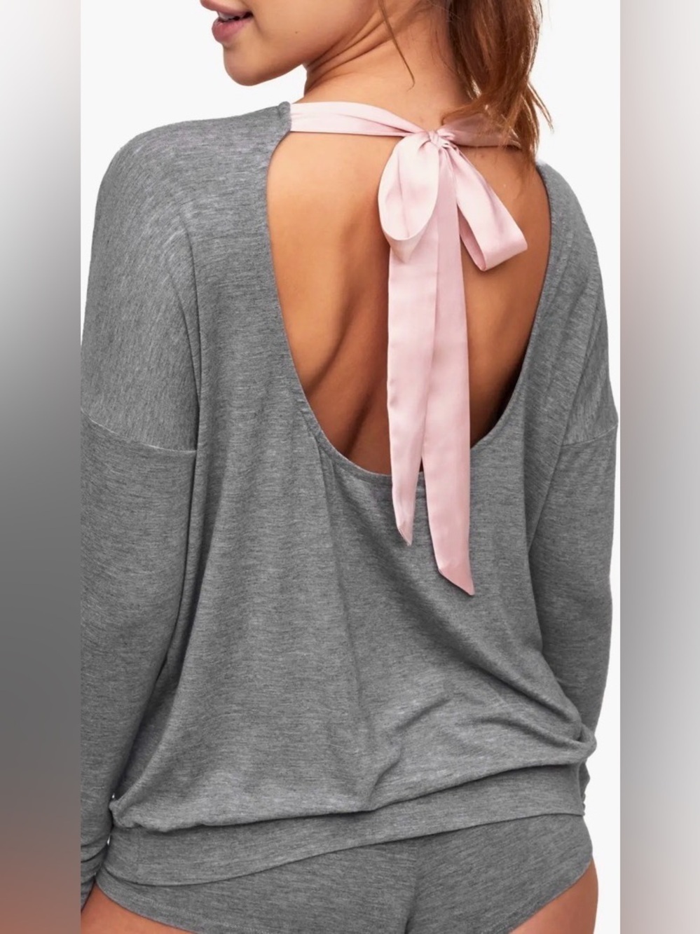 Adore Me XL Sleep Top NWT Gray Open Back Pink Bow Lounge Pajama Shirt